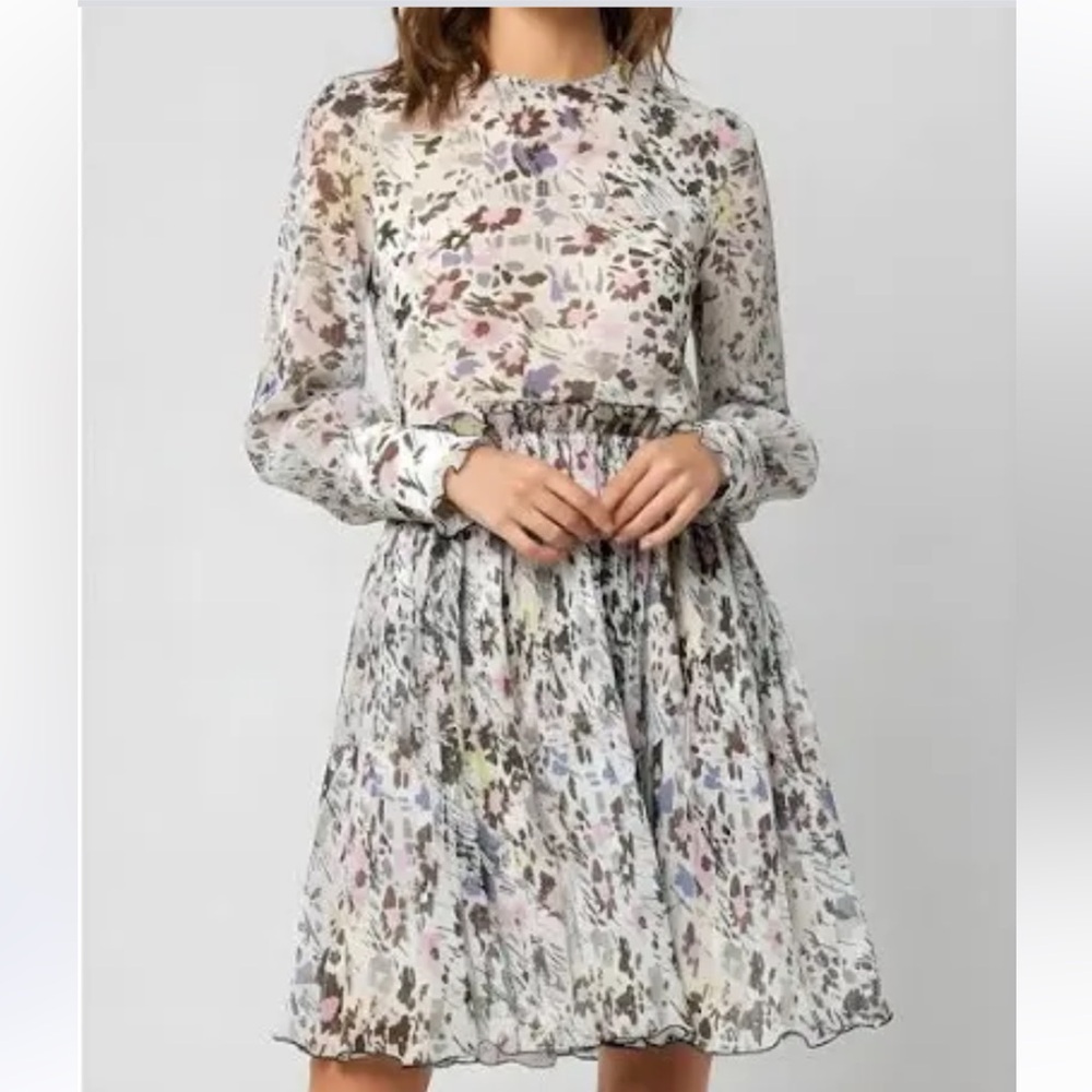 GANNI Pleated Georgette Floral Mini Dress Egret Size 36, US 4